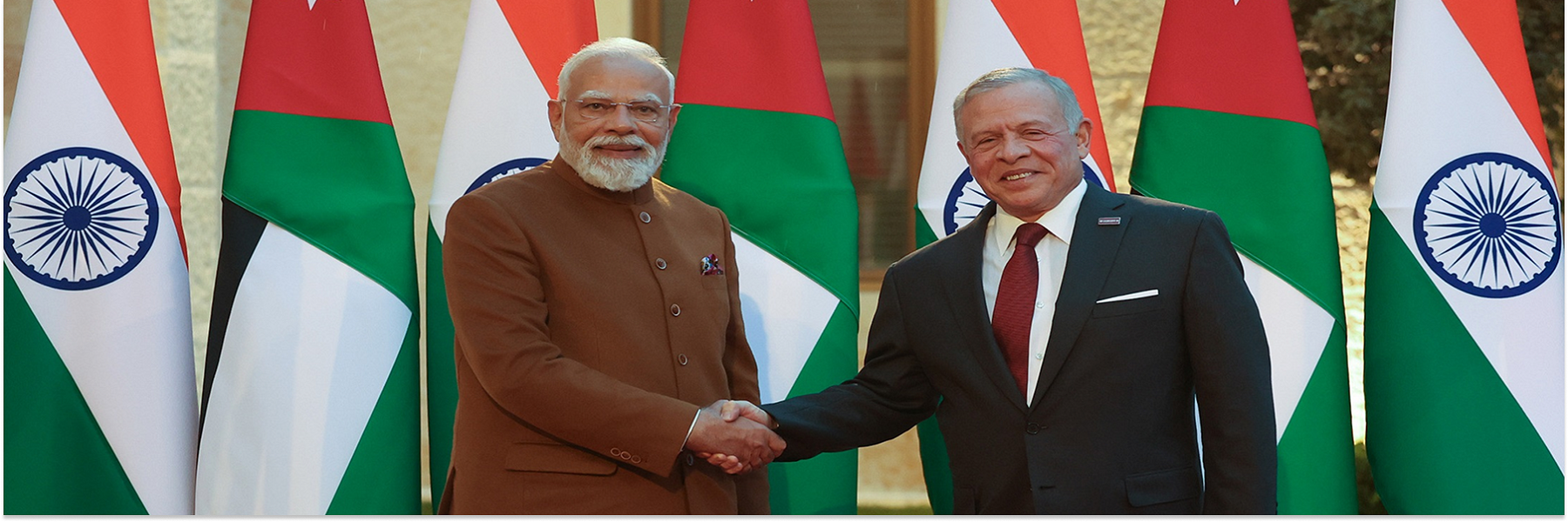 PM receives warm welcome by King of Jordan Abdullah II bin Al Hussein at the Husseiniya Palace in Amman, Jordan