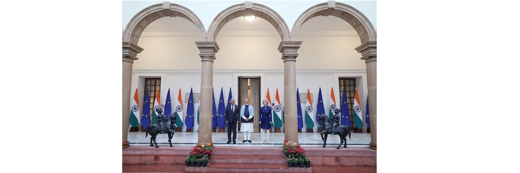 PM meets the President of the European Council, Mr. António Luís Santos da Costa and the President of the European Commission, Ms. Ursula von der Leyen at Hyderabad House, in New Delhi 