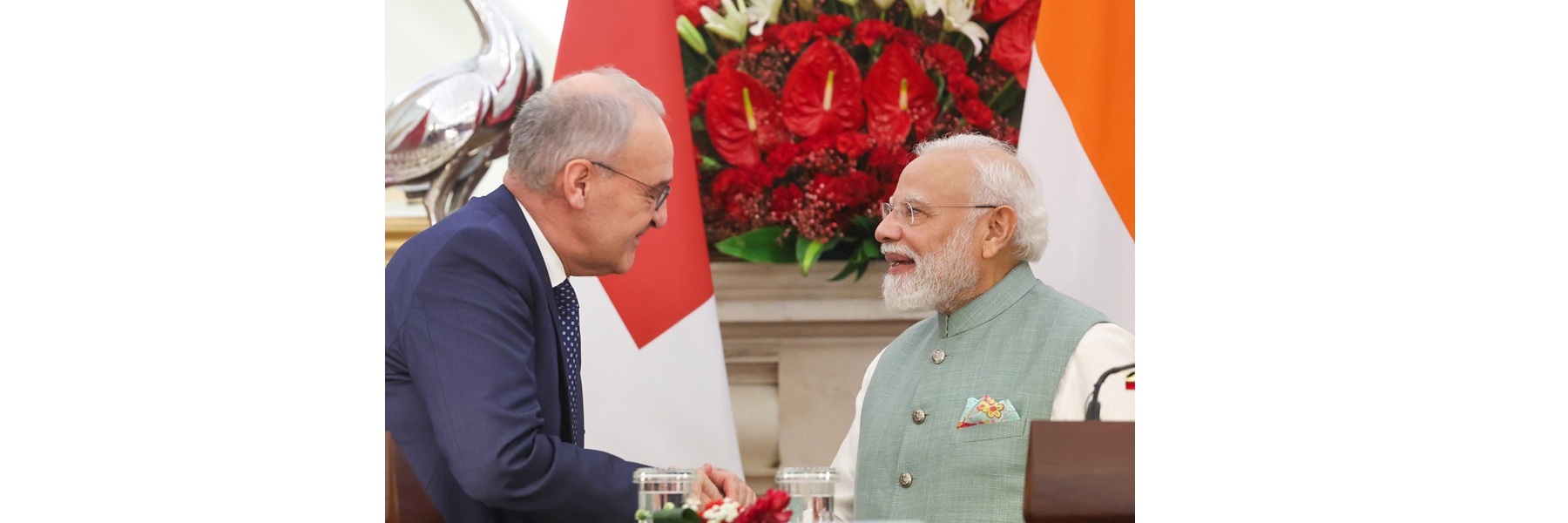 PM and the President of the Swiss Confederation, Mr. Guy Parmelin attend the joint press meet at Hyderabad House, in New Delhi.