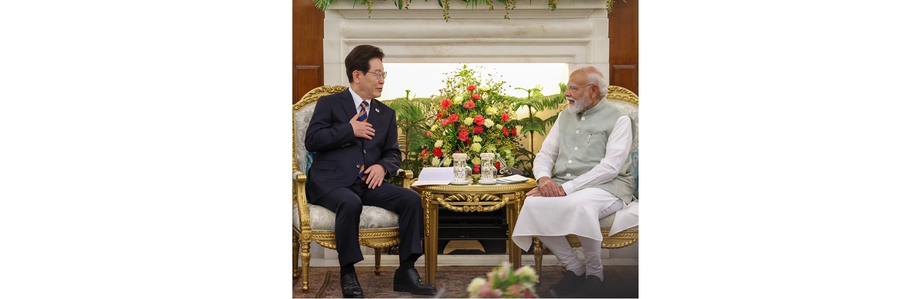 PM meeting with the President of South Korea, Mr. Lee Jae Myung at Hyderabad House, in New Delhi.