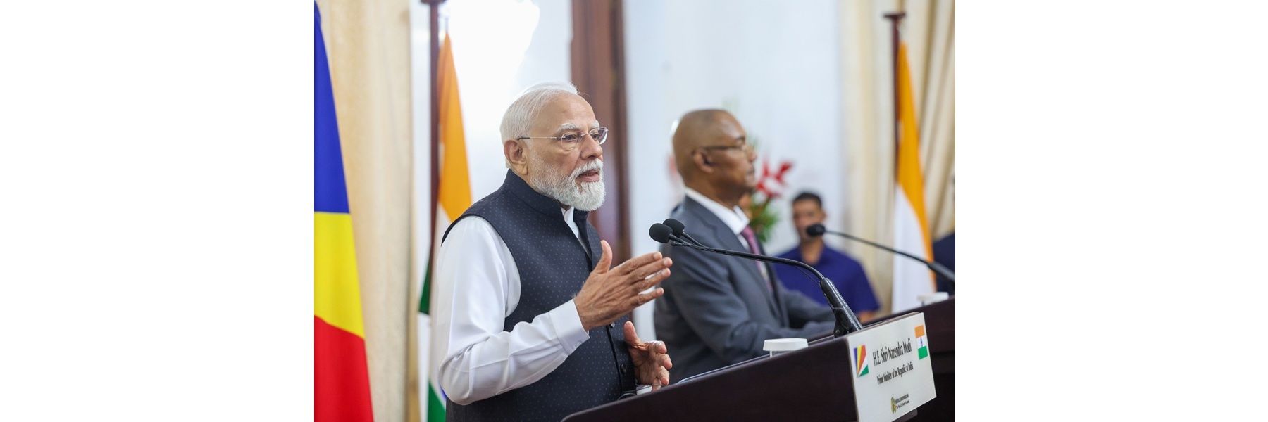 PM addressing at the ‘Joint Press Statement’ between India and Seychelles marking another significant step in strengthening the partnership between the two nations at Victoria, in Seychelles.
