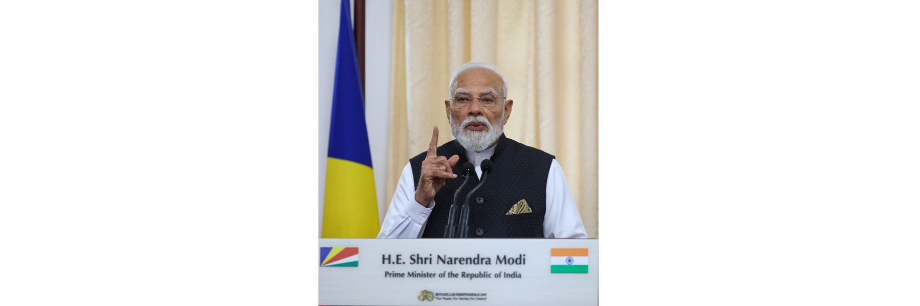 PM addressing at the ‘Joint Press Statement’ between India and Seychelles marking another significant step in strengthening the partnership between the two nations at Victoria, in Seychelles.