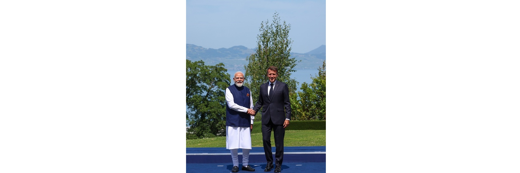 The President of France, Mr. Emmanuel Macron welcomed PM upon his arrival at the G7 Summit venue in Evian, France.