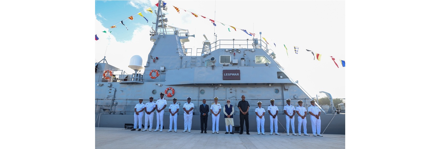 PM alongwith the President of the Republic of Seychelles, Dr. Patrick Herminie in a group photograph during the handing-over ceremony of the Fast Patrol Vessel with Cars and Ambulances at Seychelles Coast Guard Base, in Seychelles