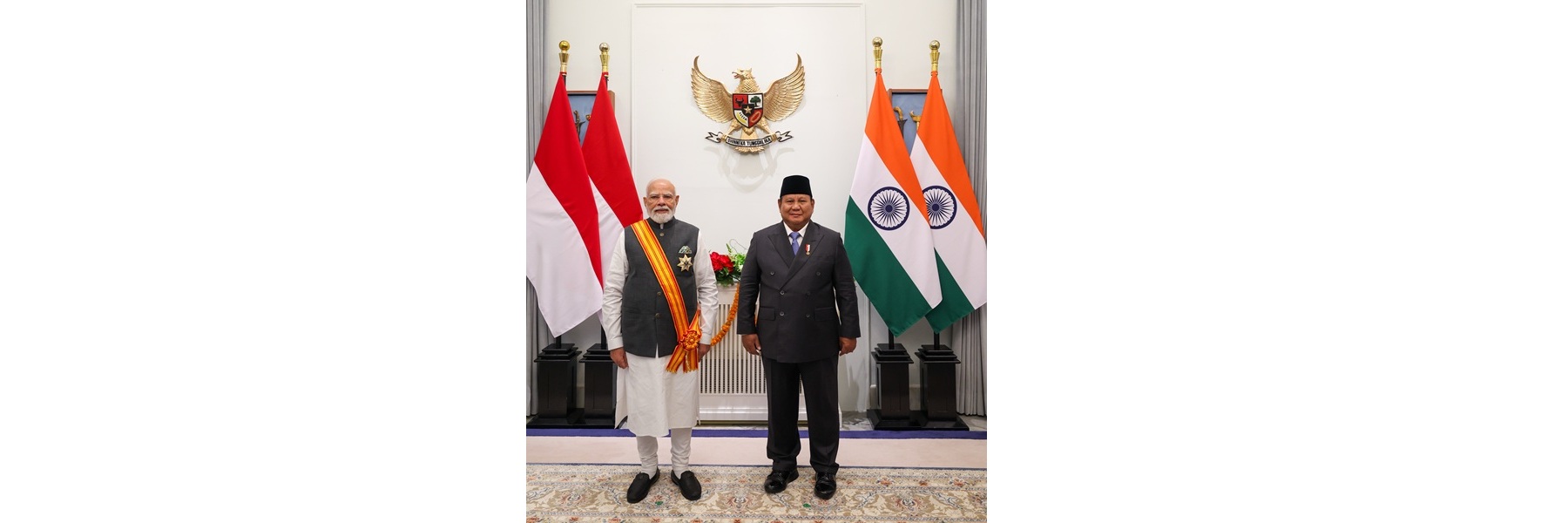 PM being conferred with the ‘Bintang Adipurna’ - The Republic of Indonesia’s highest civilian honour by the President of the Republic of Indonesia, Mr. Prabowo Subianto at Jakarta, in Indonesia.