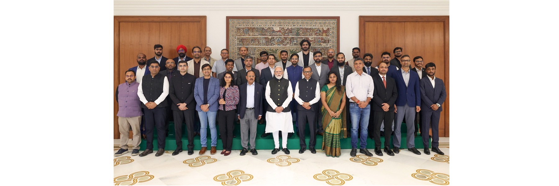 PM in a group photograph with the Founders & CEOs of Space Start-ups, at Seva Teerth, in New Delhi 