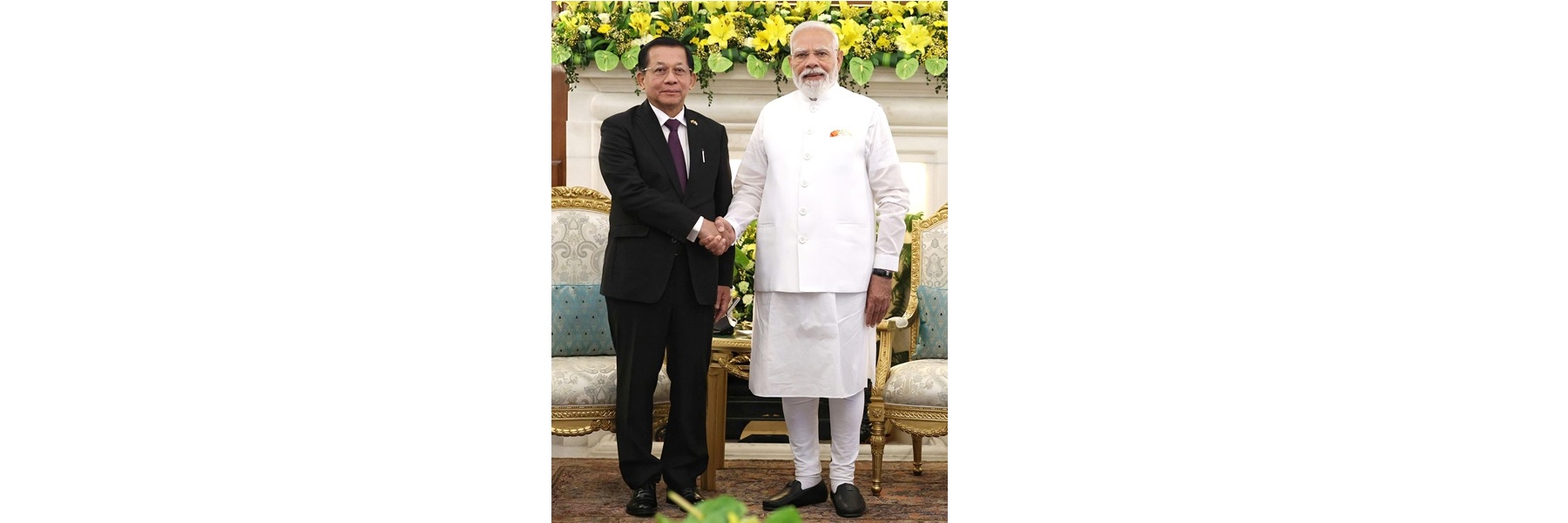 PM meeting with the President of the Republic of the Union of Myanmar, Mr. U Min Aung Hlaing at Hyderabad House, in New Delhi.